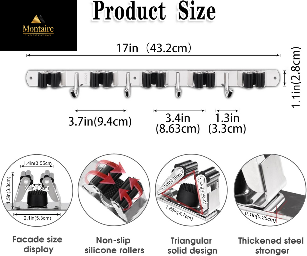 5 Racks and 4 Hooks Mop and Broom Holder Wall Mount, Broom Organizer Storage Tool Racks Stainless Steel Heavy Duty Hooks Self Adhesive Solid Non-Slip for Home Kitchen Garden Laundry Garage