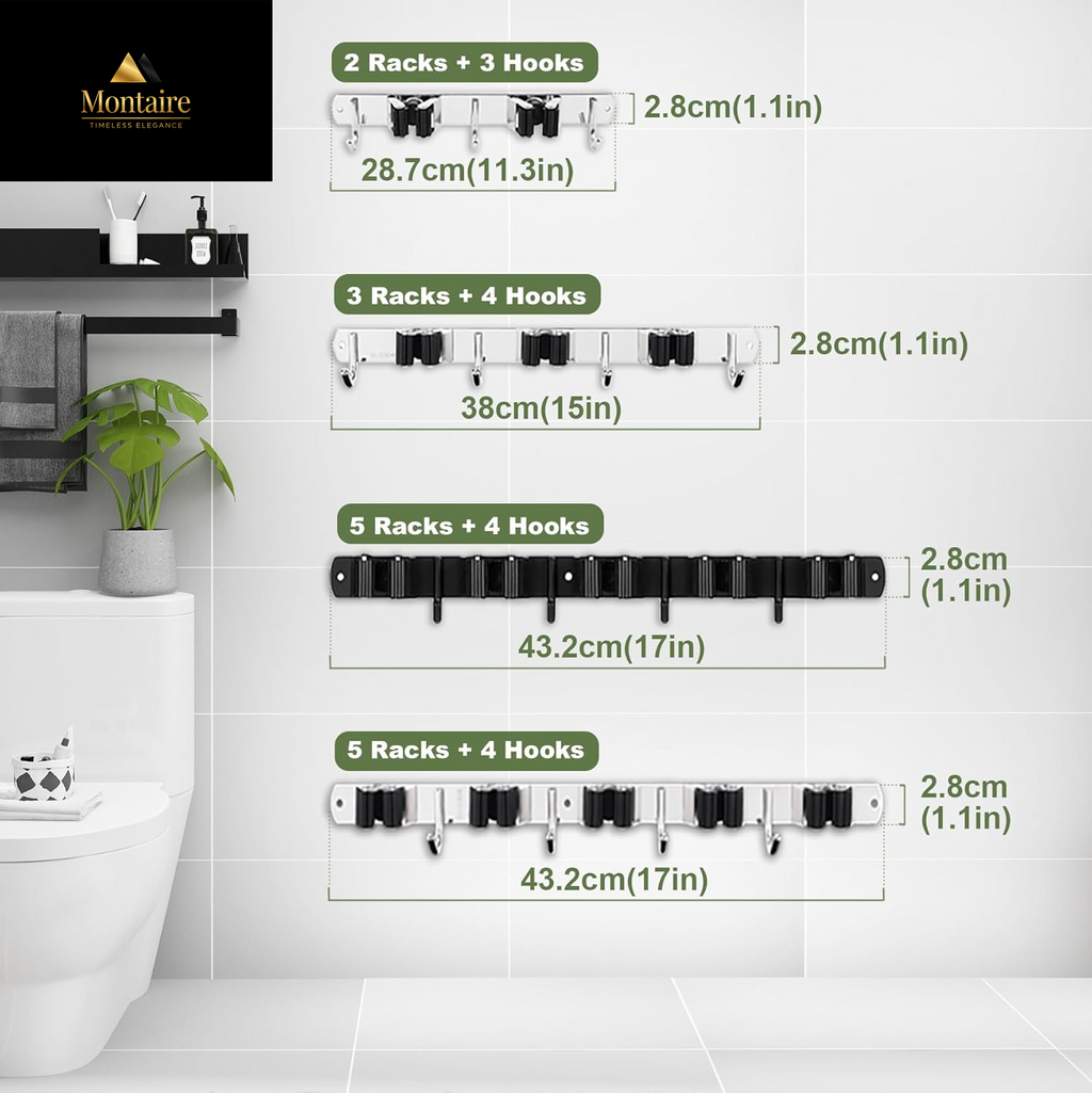 5 Racks and 4 Hooks Mop and Broom Holder Wall Mount, Broom Organizer Storage Tool Racks Stainless Steel Heavy Duty Hooks Self Adhesive Solid Non-Slip for Home Kitchen Garden Laundry Garage