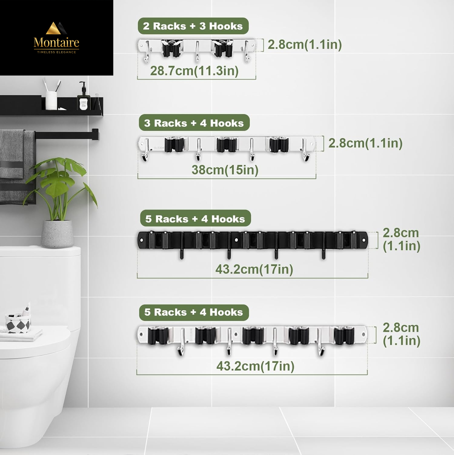 5 Racks and 4 Hooks Mop and Broom Holder Wall Mount, Broom Organizer Storage Tool Racks Stainless Steel Heavy Duty Hooks Self Adhesive Solid Non-Slip for Home Kitchen Garden Laundry Garage