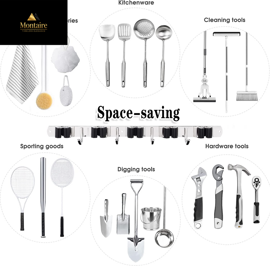 5 Racks and 4 Hooks Mop and Broom Holder Wall Mount, Broom Organizer Storage Tool Racks Stainless Steel Heavy Duty Hooks Self Adhesive Solid Non-Slip for Home Kitchen Garden Laundry Garage