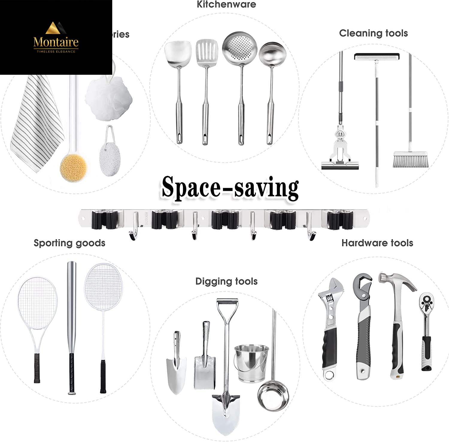 5 Racks and 4 Hooks Mop and Broom Holder Wall Mount, Broom Organizer Storage Tool Racks Stainless Steel Heavy Duty Hooks Self Adhesive Solid Non-Slip for Home Kitchen Garden Laundry Garage