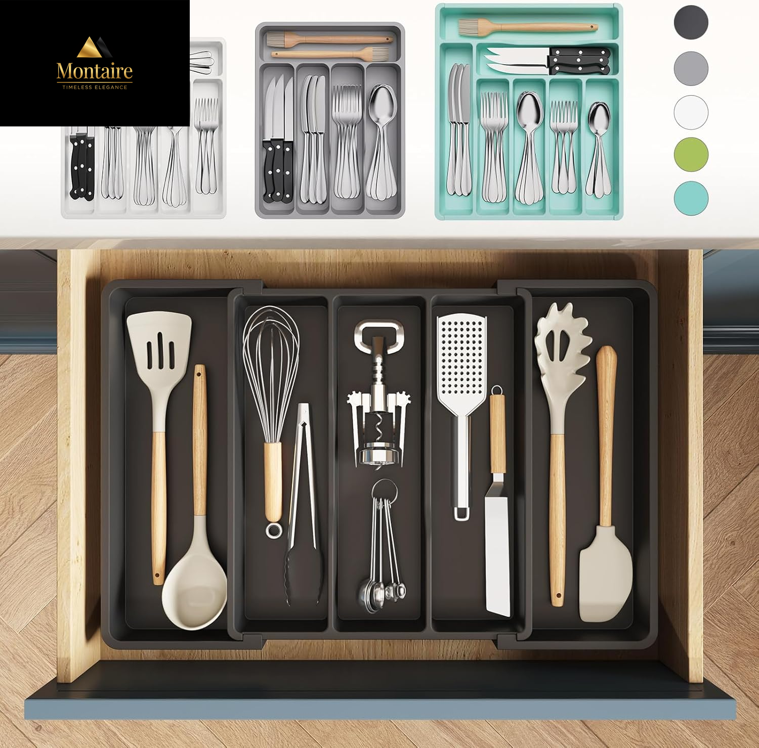Lifewit Cutlery Drawer Organiser,Expandable Large Cutlery Tray for Kitchen,Kitchen Storage & Organisation,Utensil Drawer Organiser, Plastic Kitchen Spatula Tools and Gadgets Storage Divider, Black