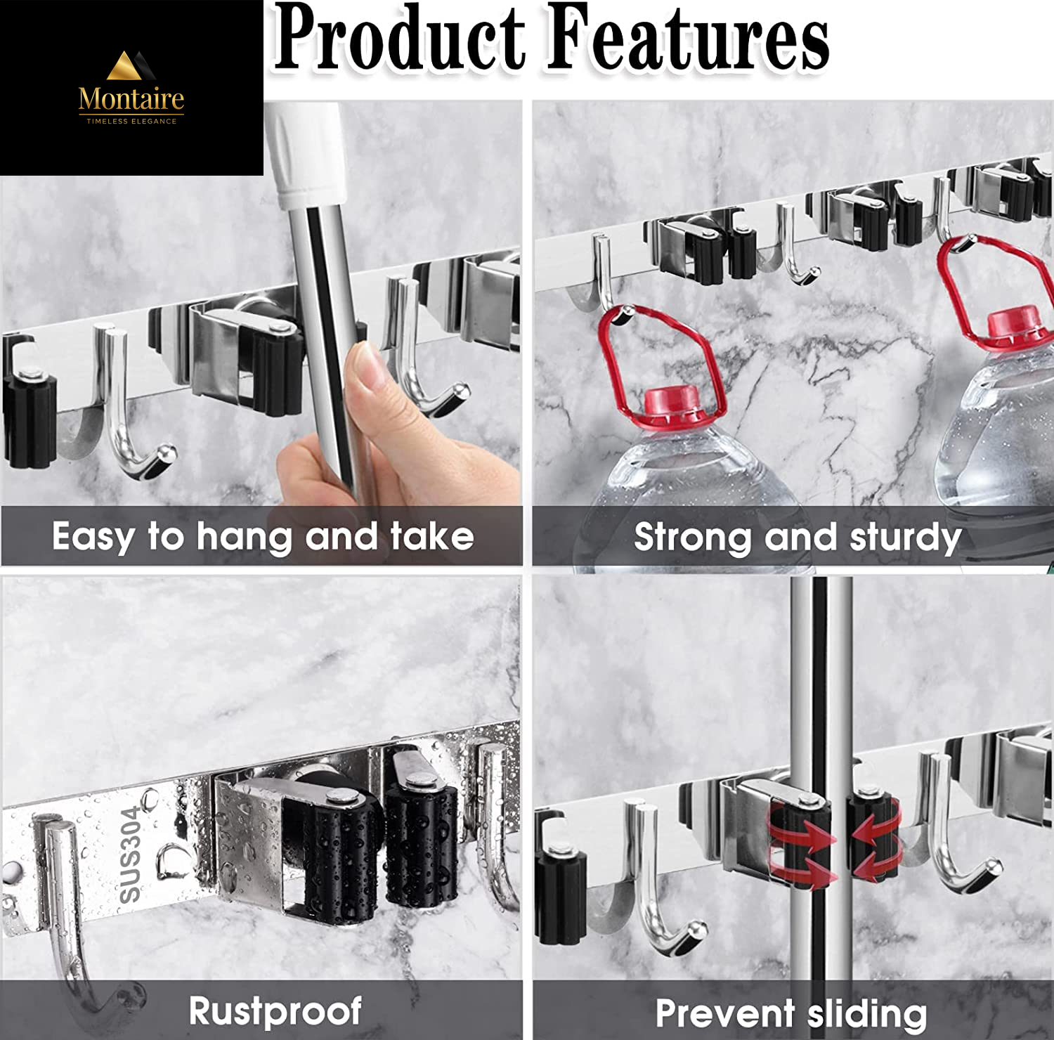 5 Racks and 4 Hooks Mop and Broom Holder Wall Mount, Broom Organizer Storage Tool Racks Stainless Steel Heavy Duty Hooks Self Adhesive Solid Non-Slip for Home Kitchen Garden Laundry Garage