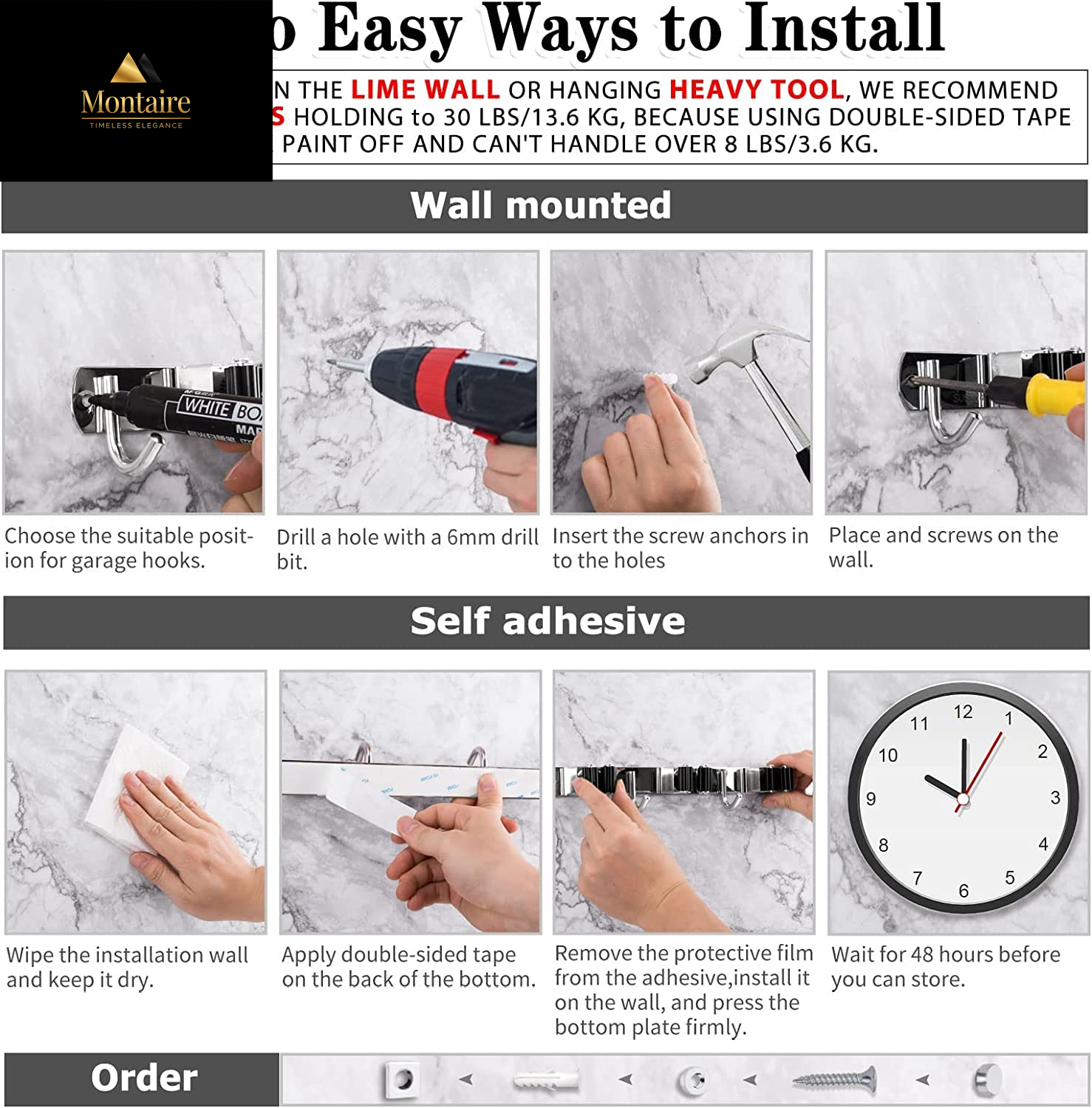 5 Racks and 4 Hooks Mop and Broom Holder Wall Mount, Broom Organizer Storage Tool Racks Stainless Steel Heavy Duty Hooks Self Adhesive Solid Non-Slip for Home Kitchen Garden Laundry Garage