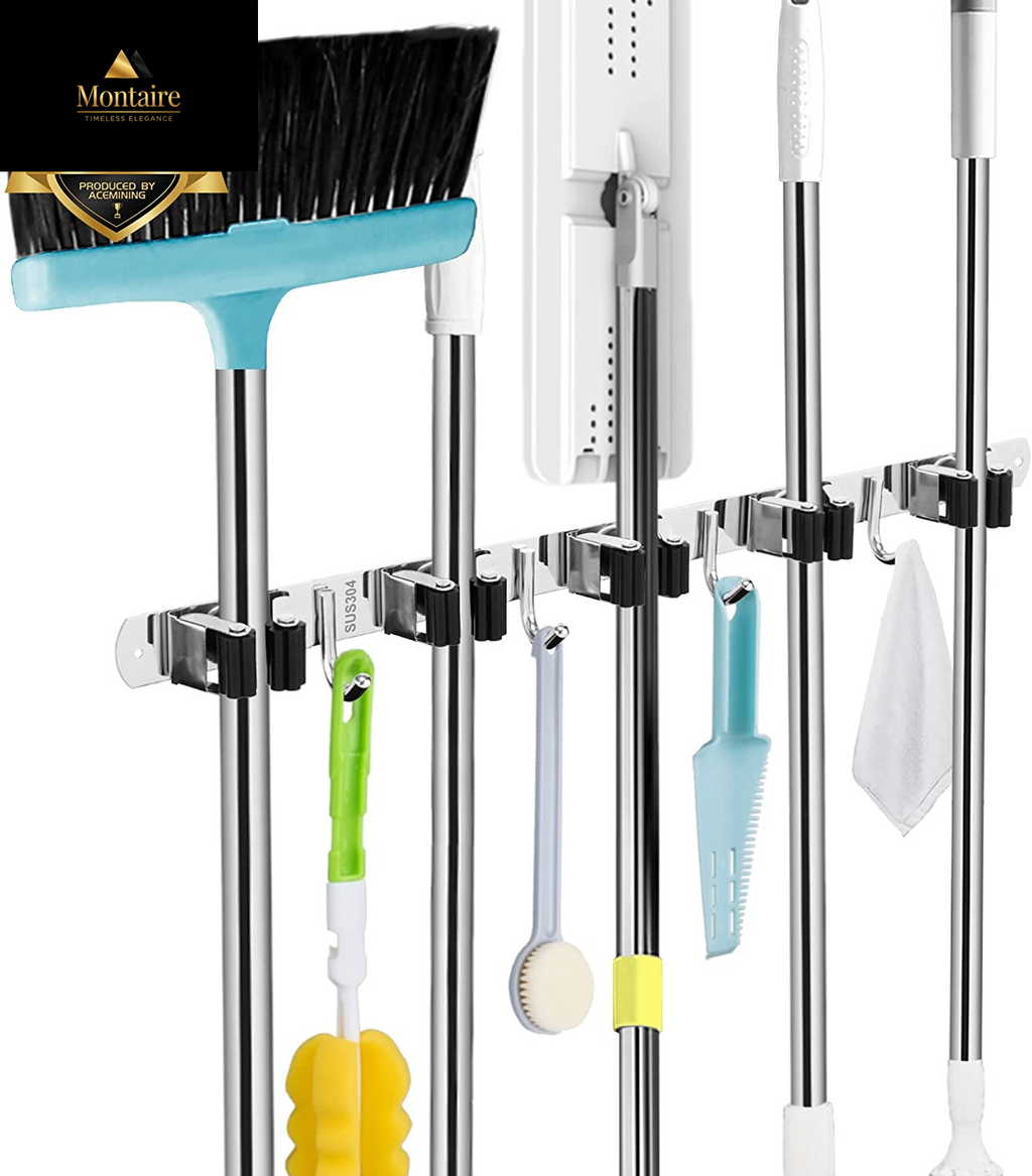 5 Racks and 4 Hooks Mop and Broom Holder Wall Mount, Broom Organizer Storage Tool Racks Stainless Steel Heavy Duty Hooks Self Adhesive Solid Non-Slip for Home Kitchen Garden Laundry Garage