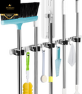 5 Racks and 4 Hooks Mop and Broom Holder Wall Mount, Broom Organizer Storage Tool Racks Stainless Steel Heavy Duty Hooks Self Adhesive Solid Non-Slip for Home Kitchen Garden Laundry Garage