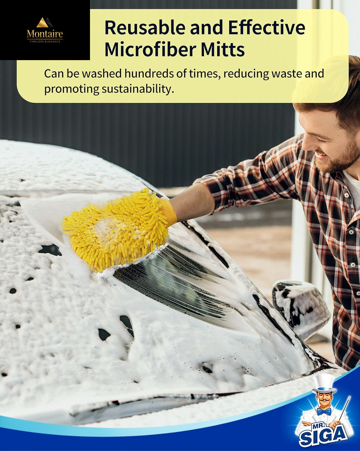 MR.SIGA Microfiber Car Wash Mitt, Pack of 2, Blue & Yellow