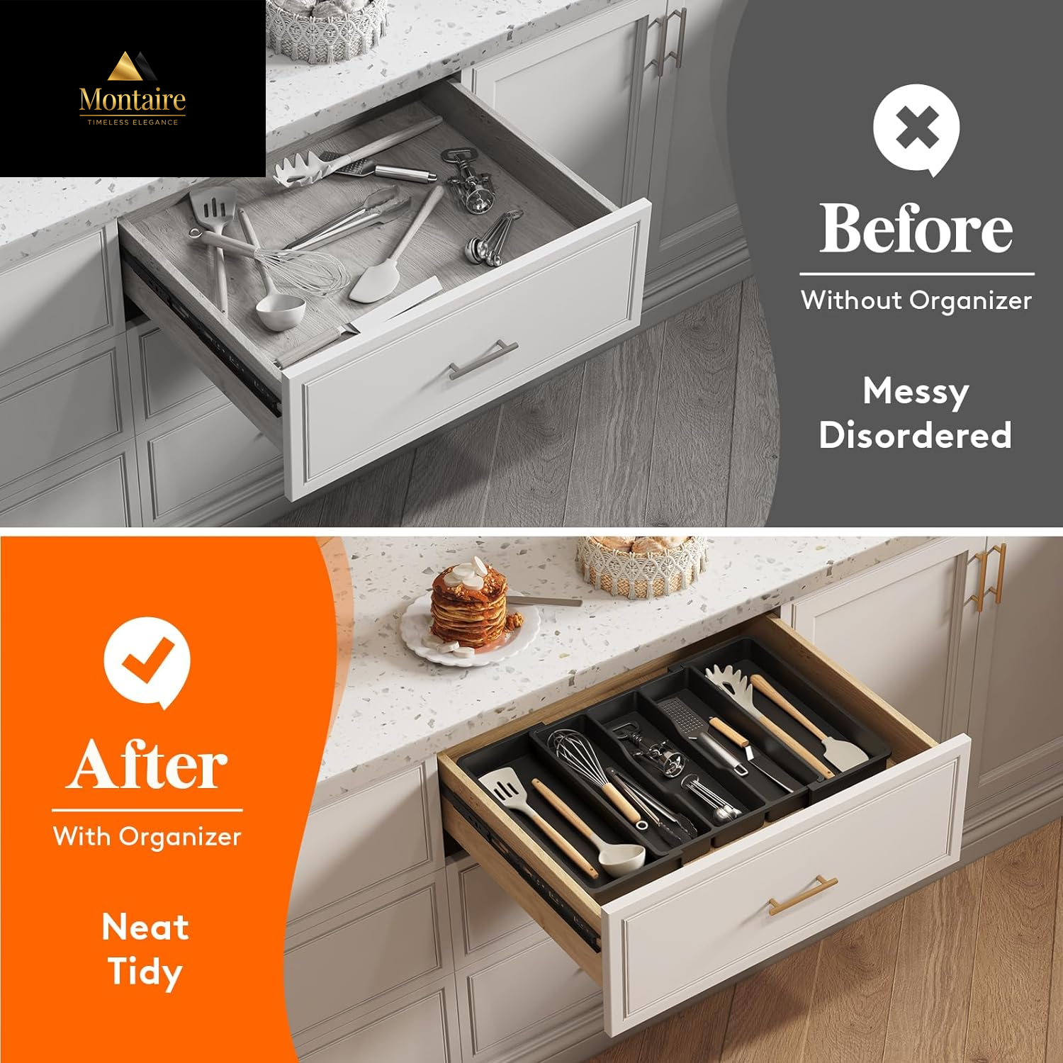 Lifewit Cutlery Drawer Organiser,Expandable Large Cutlery Tray for Kitchen,Kitchen Storage & Organisation,Utensil Drawer Organiser, Plastic Kitchen Spatula Tools and Gadgets Storage Divider, Black