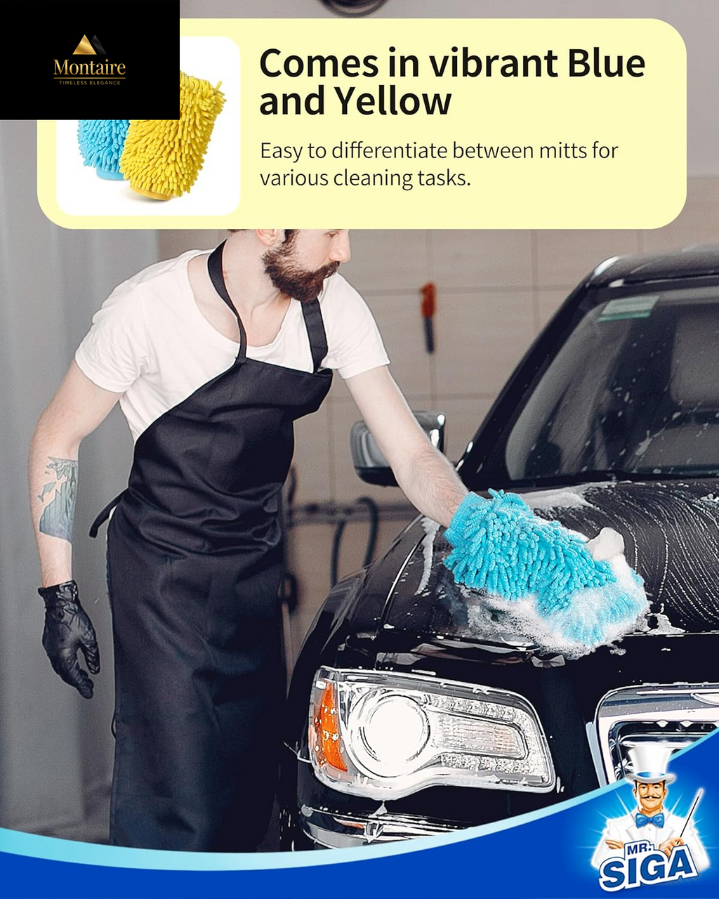 MR.SIGA Microfiber Car Wash Mitt, Pack of 2, Blue & Yellow