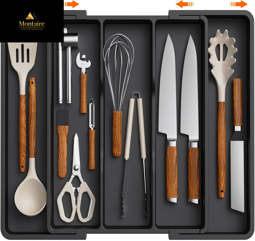 Lifewit Cutlery Drawer Organiser,Expandable Large Cutlery Tray for Kitchen,Kitchen Storage & Organisation,Utensil Drawer Organiser, Plastic Kitchen Spatula Tools and Gadgets Storage Divider, Black