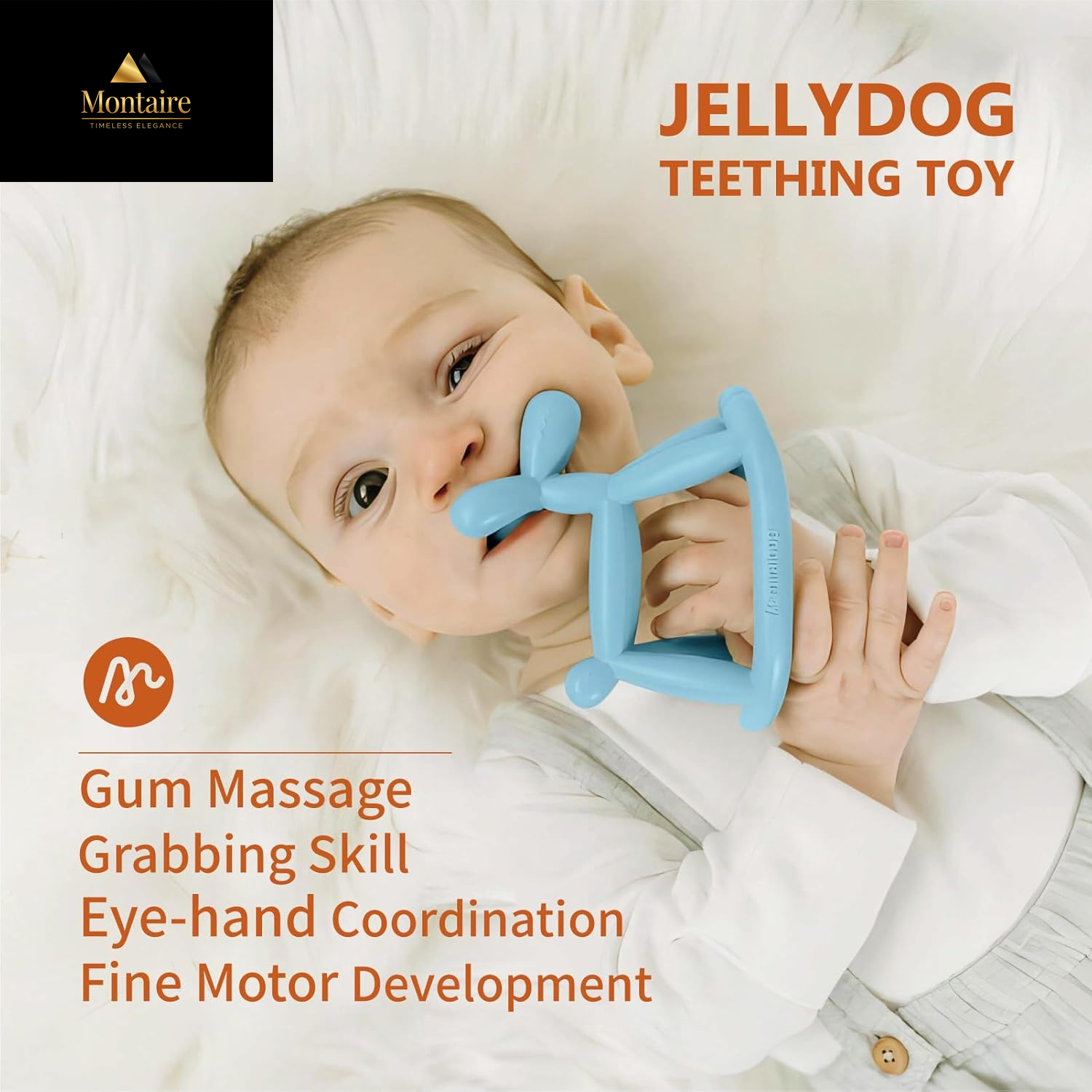 Teething Toy for Baby 3, 6, 12, 18 Months Infant, Jellydog Never Drop Food Grade Silicone Rocking Teether, Prevent Choking & Odorless, Less Dust and Hair Adhesion, Baby Gift, Cyan Blue