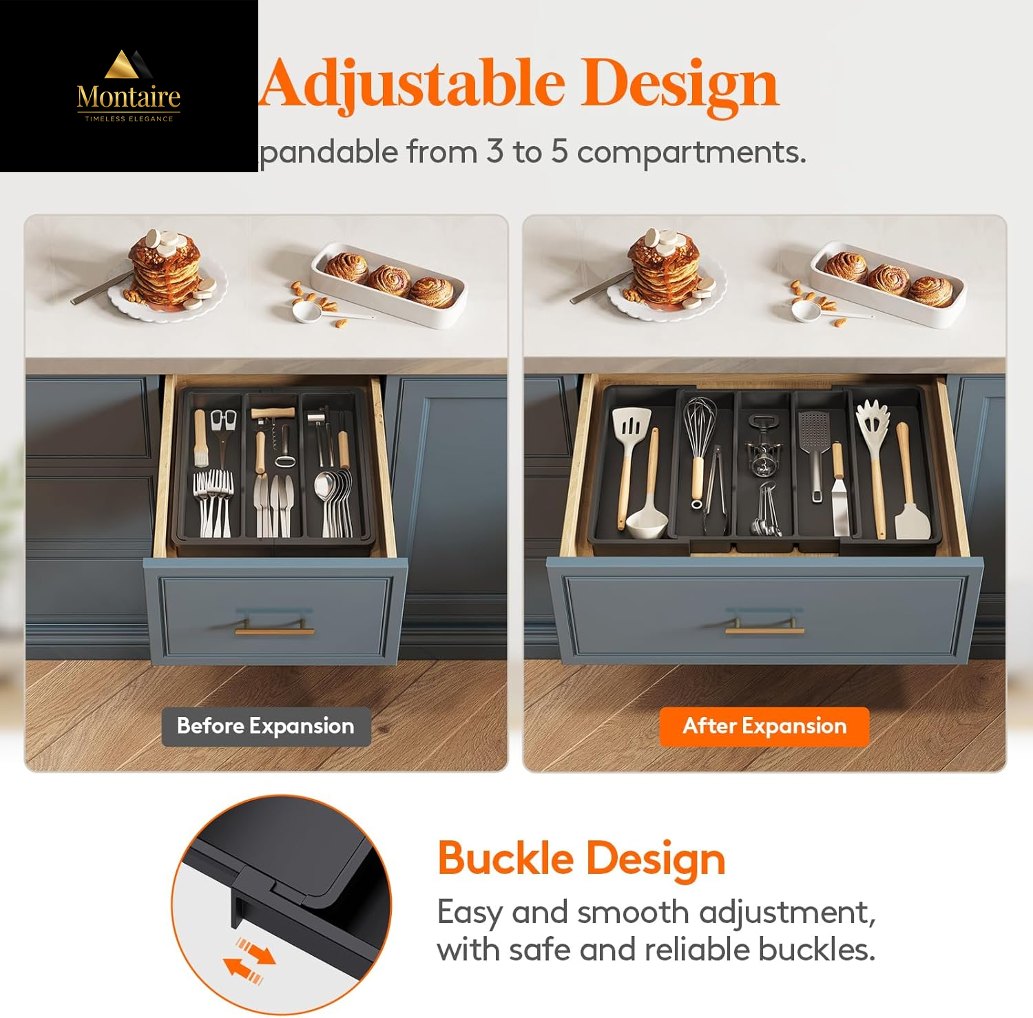 Lifewit Cutlery Drawer Organiser,Expandable Large Cutlery Tray for Kitchen,Kitchen Storage & Organisation,Utensil Drawer Organiser, Plastic Kitchen Spatula Tools and Gadgets Storage Divider, Black