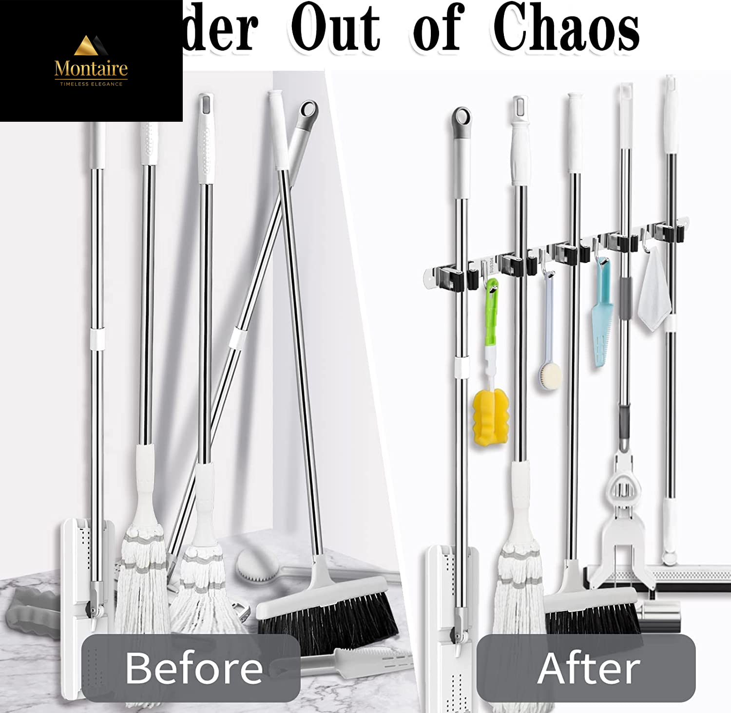 5 Racks and 4 Hooks Mop and Broom Holder Wall Mount, Broom Organizer Storage Tool Racks Stainless Steel Heavy Duty Hooks Self Adhesive Solid Non-Slip for Home Kitchen Garden Laundry Garage