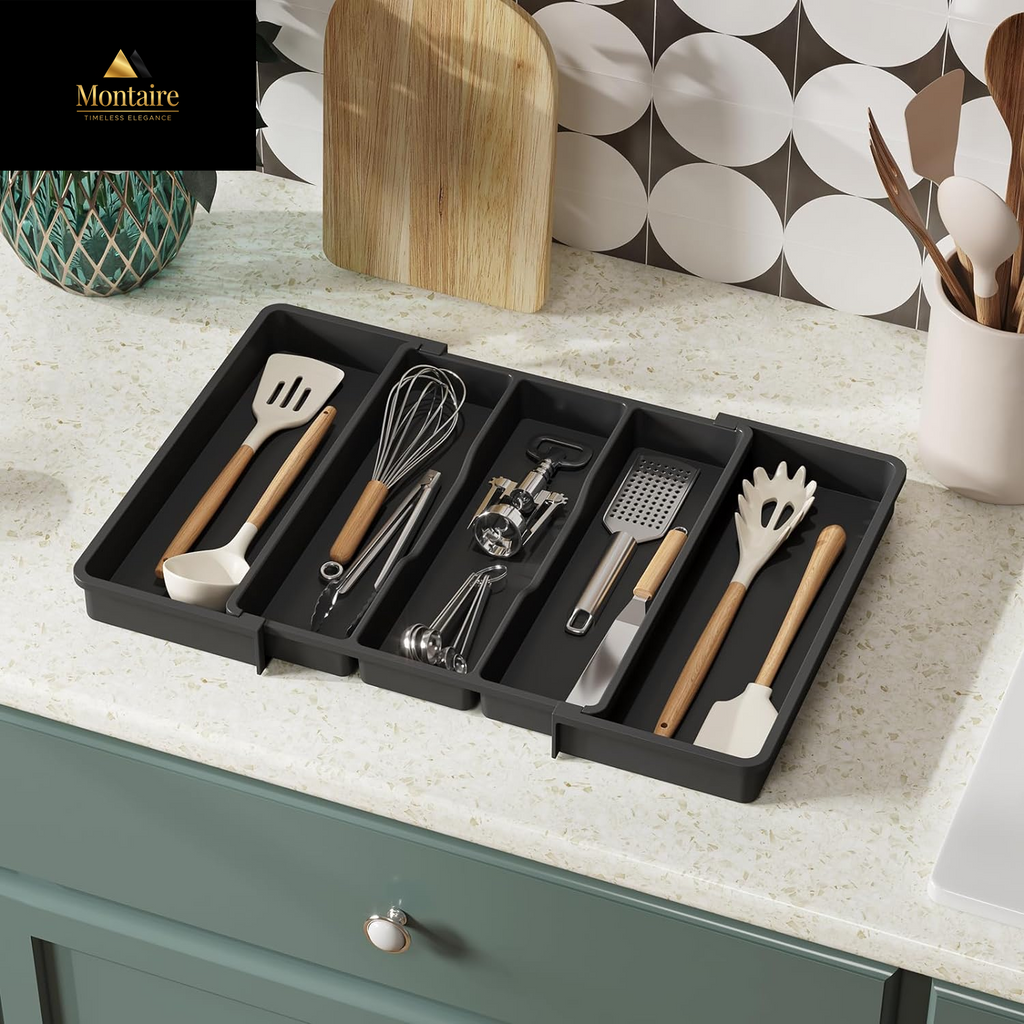 Lifewit Cutlery Drawer Organiser,Expandable Large Cutlery Tray for Kitchen,Kitchen Storage & Organisation,Utensil Drawer Organiser, Plastic Kitchen Spatula Tools and Gadgets Storage Divider, Black
