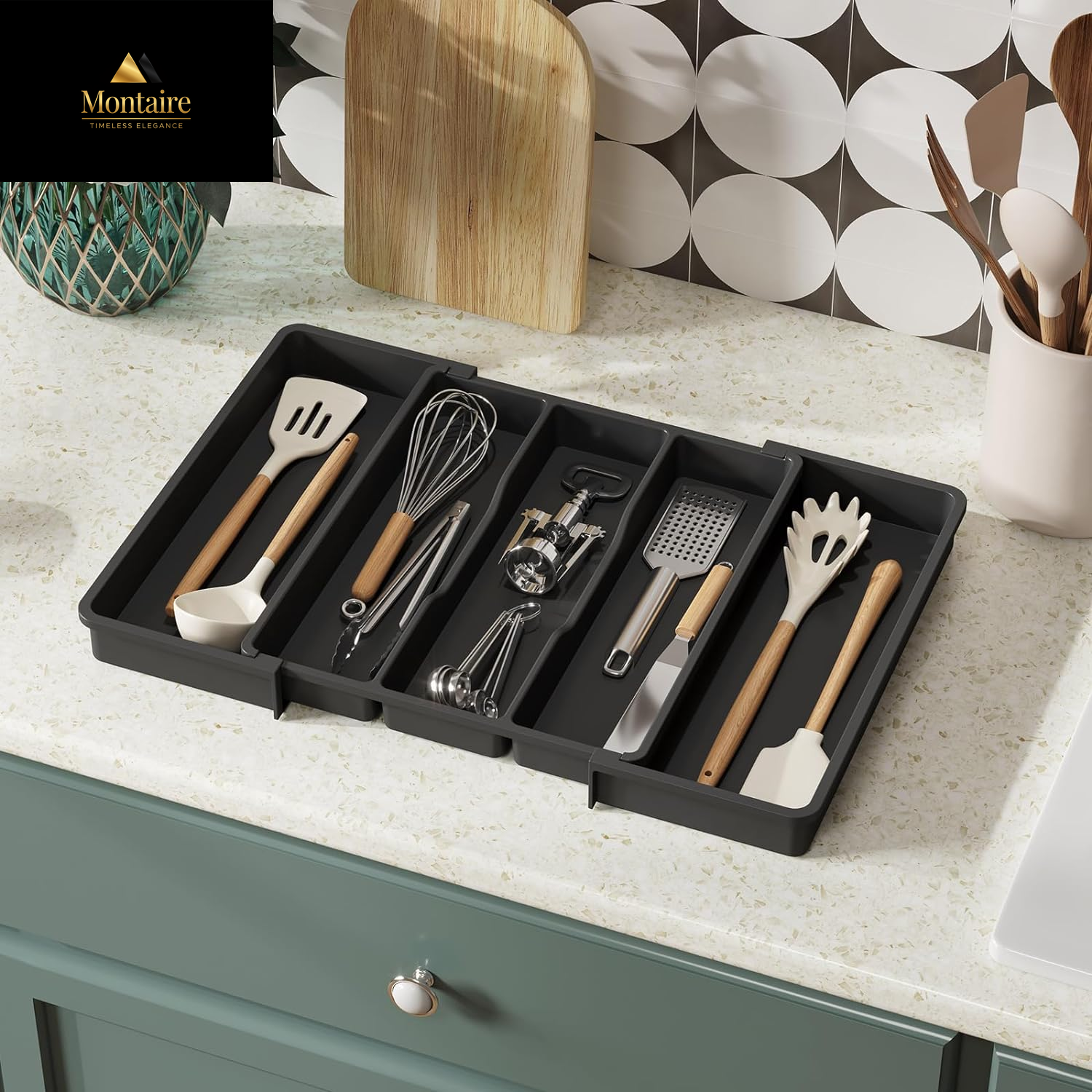 Lifewit Cutlery Drawer Organiser,Expandable Large Cutlery Tray for Kitchen,Kitchen Storage & Organisation,Utensil Drawer Organiser, Plastic Kitchen Spatula Tools and Gadgets Storage Divider, Black