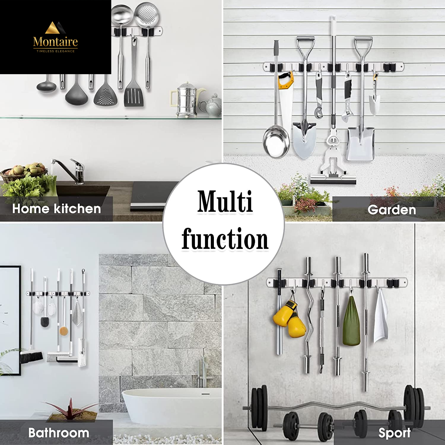 5 Racks and 4 Hooks Mop and Broom Holder Wall Mount, Broom Organizer Storage Tool Racks Stainless Steel Heavy Duty Hooks Self Adhesive Solid Non-Slip for Home Kitchen Garden Laundry Garage